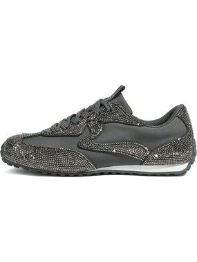 Women's Pewter Rhinestone Sparkly Fashion Low-Heel Shiny Thin Sole Sneakers